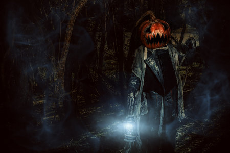 Halloween character. A terrible Jack-lantern with a pumpkin on his head wanders through the night...