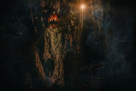 Halloween character. A terrible Jack-lantern with a pumpkin on his head wanders through the night forest.の写真素材