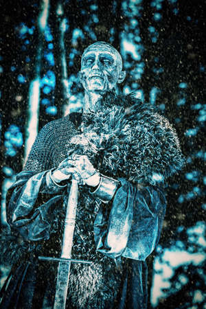 Zombie warrior in knightly armor stands in the night forest. Fantasy horror film. Halloween.の写真素材