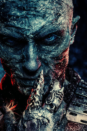Close-up portrait of a zombie man covered with snow. Halloween. Horror film.の写真素材
