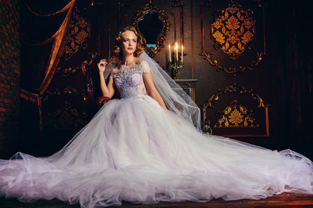 Portrait of a charming bride woman in a beautiful wedding dress. Luxurious vintage apartments.の写真素材