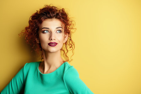 Portrait of a beautiful young woman with curly foxy hair wearing blue dress over yellow background. ...