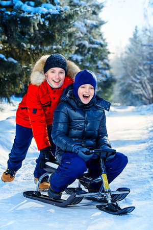 Two happy boys sledding from a hill on a sunny winter day. Snow. Winter clothes. Winter activity.の写真素材