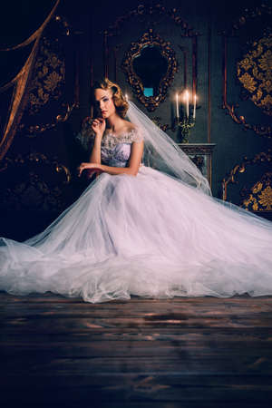 Portrait of a charming bride woman in a beautiful wedding dress. Luxurious vintage apartments.の写真素材