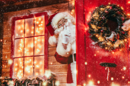 Christmas concept. Portrait of a fairytale Santa Claus peek out from behind the door and leaned his...