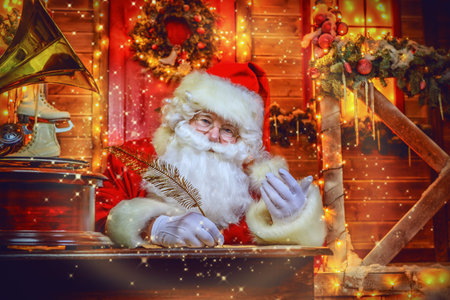 Santa Claus is preparing for Christmas. He writes letters. House of Santa Claus. Christmas decoration. の写真素材