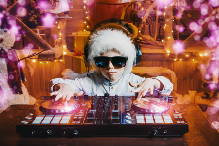 Emotional little boy-DJ is having a party near the house of Santa Claus decorated with lights....