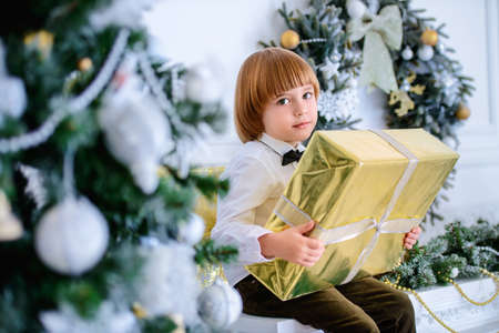 Cute five-year-old boy sits in a beautiful room near a Christmas tree with gift box. Luxurious apartments decorated for Christmas. Merry Christmas and Happy New Year.の写真素材