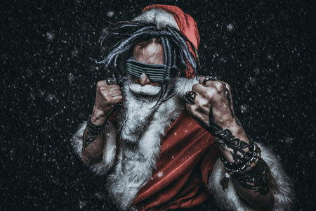 Portrait of a cool punk Santa Claus in luminous glasses with bright dreadlocks over black background.の写真素材