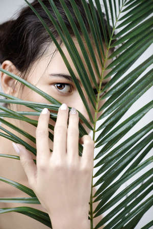 Young woman peering between tropical leaves. Beauty, cosmetics concept. Healthcare.の写真素材