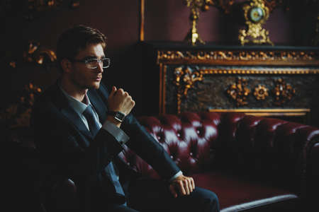 Handsome well-dressed young man in a room with classic interior. Business style. Luxury.の写真素材