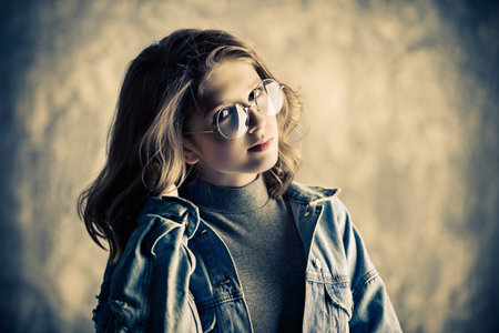 Portrait of a cute girl teenager wearing spectacles. Glasses for a modern young generation. Beauty, fashion.の写真素材