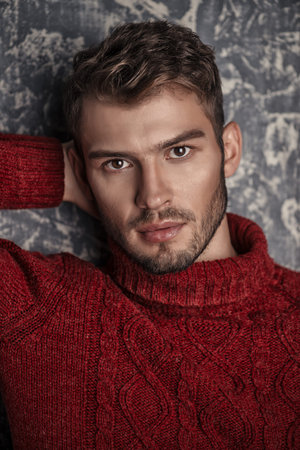 Portrait of a handsome young man in a warm sweater. Autumn, winter clothes. Male beauty, fashion.