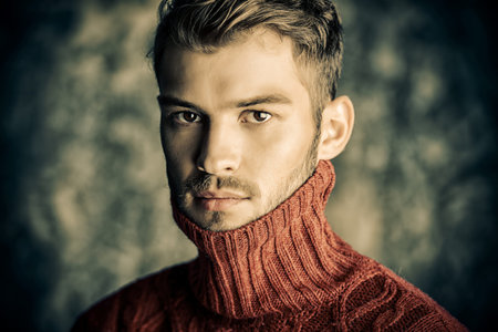 Portrait of a handsome young man in a warm sweater. Autumn, winter clothes. Male beauty, fashion.
