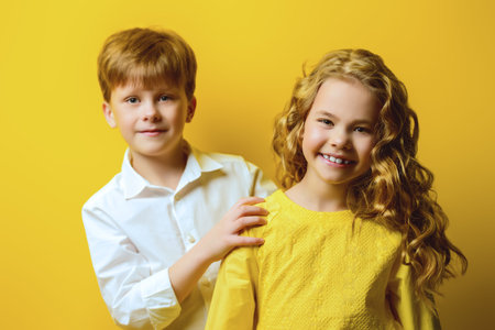 Children's fashion. Beautiful boy and girl in elegant clothes posing together at studio over yellow background.の写真素材