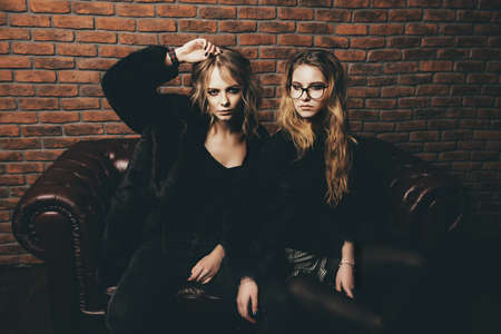 Beautiful blonde women in mink coats posing in a luxurious interior. Fashion, beauty. Winter collection.の写真素材