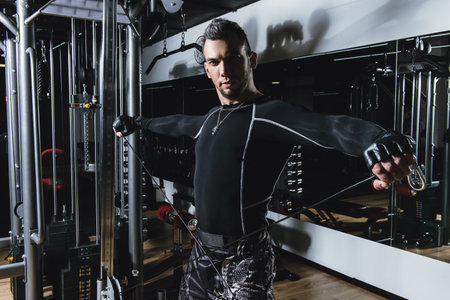 Muscular brutal man doing exercises in a gym. Health and sports concept.