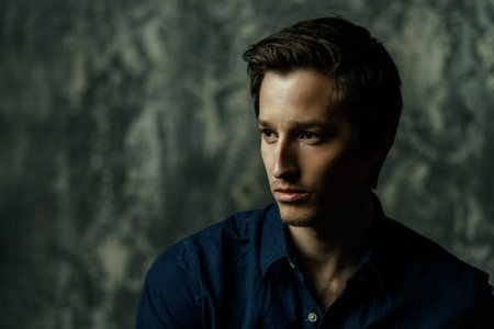 Close-up portrait of a dark-haired young man in blue shirt over dark background. Men's beauty and...