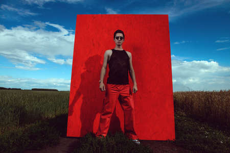 Fashion shot of a professional handsome male model in long red fur coat posing in a wheat field. の写真素材