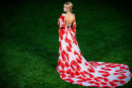 Full length portrait of a beautiful young woman with evening make-up and hairstyle wearing long evening dress. Fashion shot.の写真素材