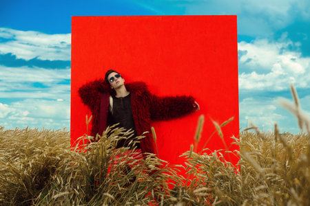 Fashion shot of a professional handsome male model in long red fur coat posing in a wheat field....