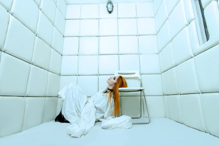 Portrait of a crazy girl dressed in a straitjacket in an isolated room in a madhouse.