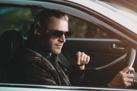 Mature man driving a car. Vehicle concept. 