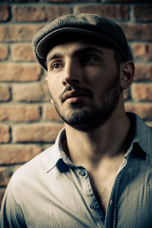 Portrait of a handsome brunet man in a cap over brick wall background. Men's beauty, fashion. Men's...
