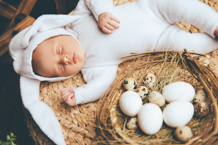 Cute newborn baby lies on a wooden background, dressed in rabbit costume. Easter holiday. Scenery in the rustic style.の写真素材