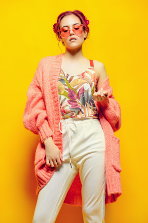 Beautiful girl with pink hair wearing bright clothes over yellow background. Bright style, fashion.