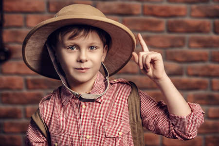 Child boy playing at home in traveler. Childhood. Fantasy, imagination.の写真素材