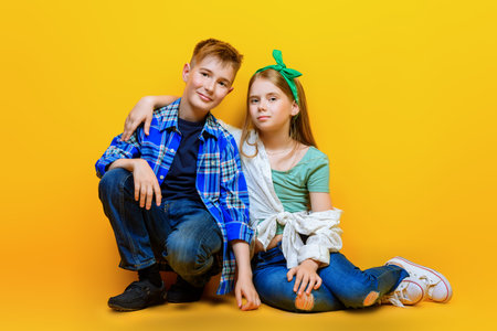 Portrait of two emotional children on a bright yellow background. Kid's fashion.の写真素材