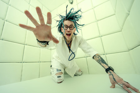 Portrait of a cheerful crazy doctor in a psychiatric hospital.の写真素材
