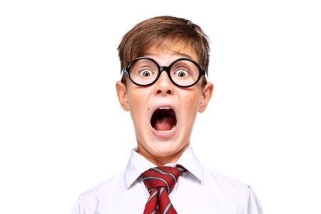 Portrait of emotional schoolboy in glasses and tie. Childhood, education. Kid, studying.