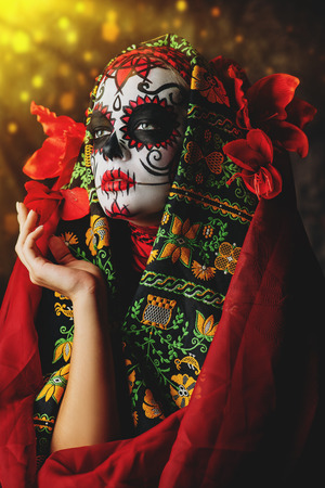 A close-up portrait of Calavera Catrina. Sugar skull makeup. Dia de los muertos. Day of The Dead. Halloween.の写真素材