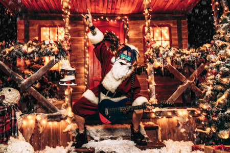 Cool rocker in Santa Claus costume and luminous glasses plays the guitar near a festively decorated house.の写真素材
