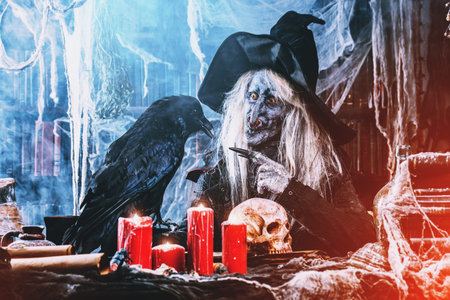 A portrait of a scary wizard with a black raven.の写真素材
