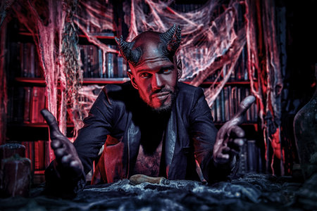 A portrait of a bad demon in his den. Horror movie, nightmare. Halloween.