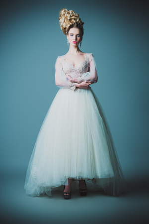 A full length portrait of a cold beautiful lady wearing a fluffy dress and posing in the studio over the grey background. Beauty,cosmetics, hairstyle, fashion.の写真素材