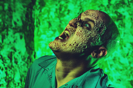 A portrait of a sick scientist after a failed experiment in the green light. desperation,...