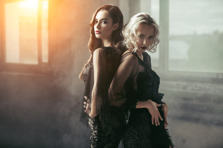 Two attractive women is posing in evening dresses. Evening dresses. Fashion, beauty.の写真素材