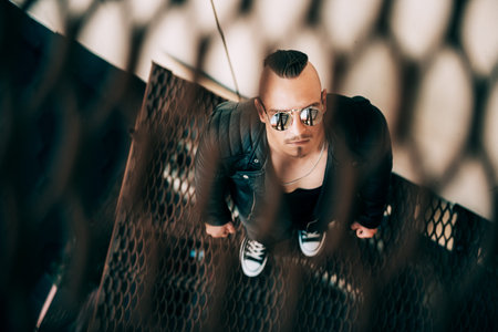 Portrait of a punk guy on the stairs through the lattice. Guy in the backyard. Fashion, subculture.