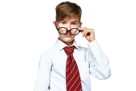 Portrait of emotional schoolboy in glasses. Childhood, education. Kid, studying.の写真素材