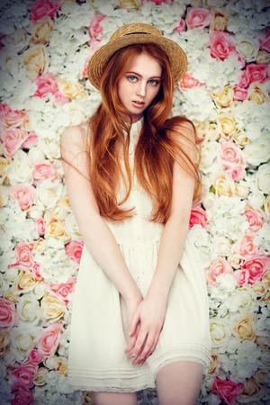 A portrait of a lovely beautiful girl wearing a hat. Beauty, summer fashion.の写真素材