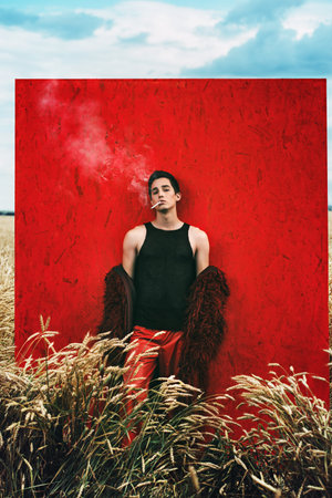 Fashion shot of a professional handsome male model in long red fur coat posing in a wheat field.