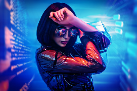 A portrait of an extravagant dark-haired lady. Modern fashion, beauty and style.の写真素材