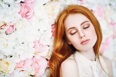 A portrait of a lovely beautiful girl with closed eyes. Beauty, cosmetics.の写真素材