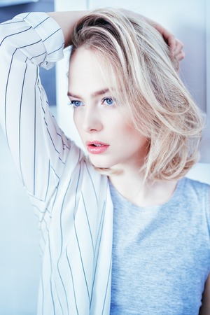 A close up portrait of a beautiful young girl. Beauty, skincare.の写真素材