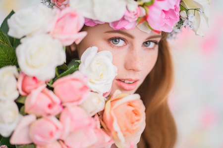 A close up portrait of a lovely beautiful girl. Beauty, cosmetics.の写真素材