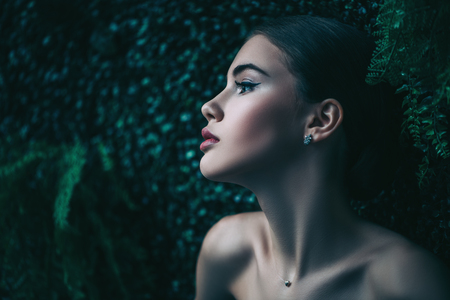 A close up portrait of a dreamy lady posing indoor. Cosmetics, beauty.の写真素材